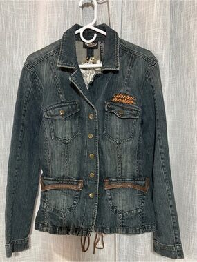 Harley-Davidson Dark Navy Blue Logo Denim Jean Button Jacket Womens XL EUC